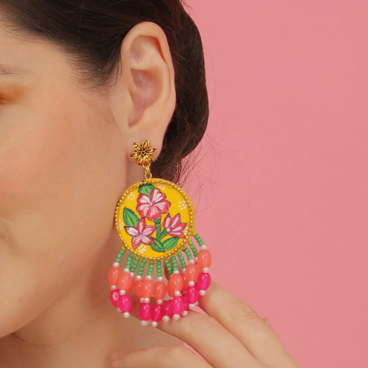 Gladiolus Traditional Yellow Hand Painted Drop (Earrings) HP - ER - 064 - KHOJ.CITY