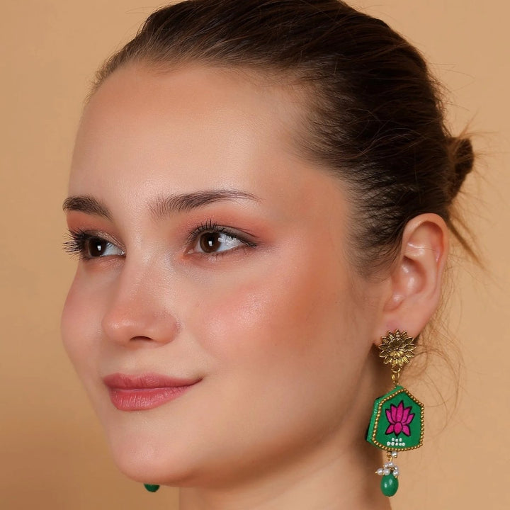 Hemlata Traditional Green Hand Painted Drop (Earrings) HP-ER-078