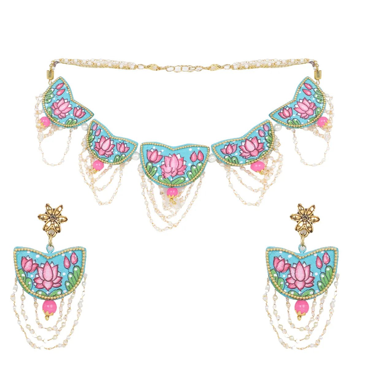 Kaatyayani Teal Blue Classic Hand Painted Bridal Jewelry (Shaadi Set) - KHOJ.CITY