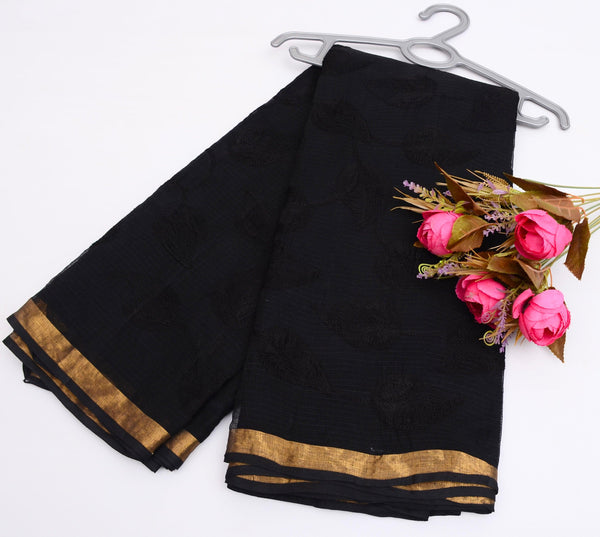 Kota Doria Black Embroidered Saree (Pure Cotton) Code- 016 - KHOJ.CITY