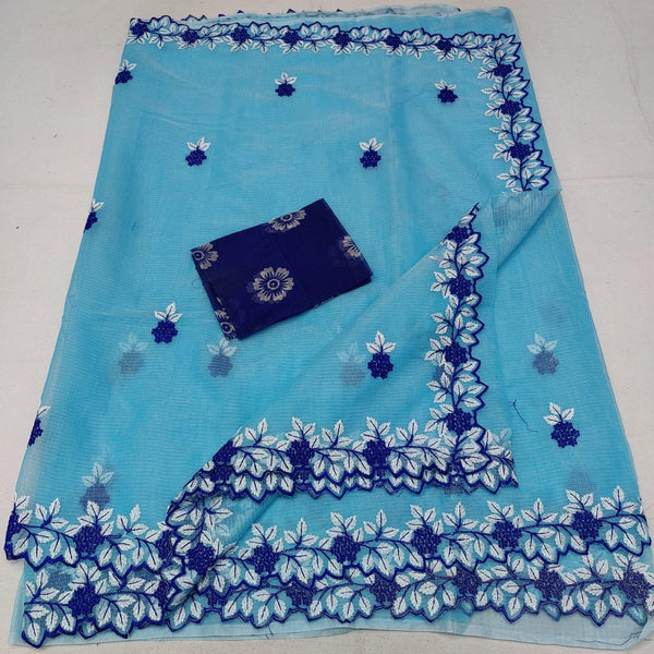 Kota Doria Embroidered border saree (Sky blue) - KHOJ.CITY