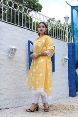 Kota Doria Embroidered Unstitched Suit Fabric (Lemon Yellow) - KHOJ.CITY