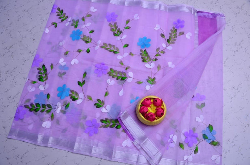 Kota Doria Floral Handpainted saree (Lilac) - KHOJ.CITY