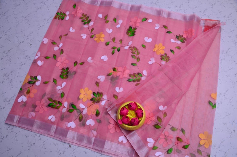Kota Doria Floral Handpainted saree (Peach) - KHOJ.CITY