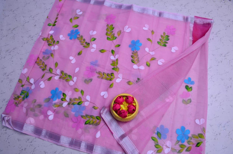 Kota Doria Floral Handpainted saree (Pink) - KHOJ.CITY
