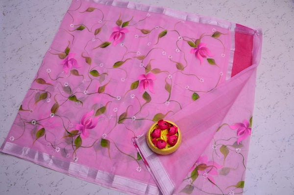 Kota Doria Floral Lily Handpainted saree (Baby Pink) - KHOJ.CITY