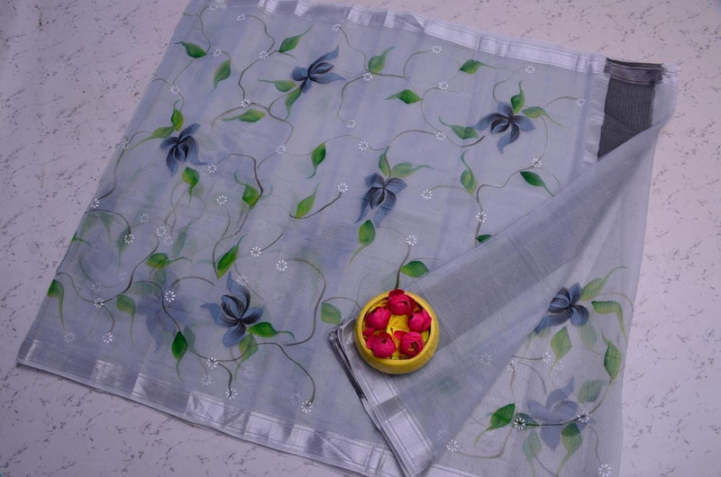 Kota Doria Floral Lily Handpainted saree (Pastel Ash) - KHOJ.CITY