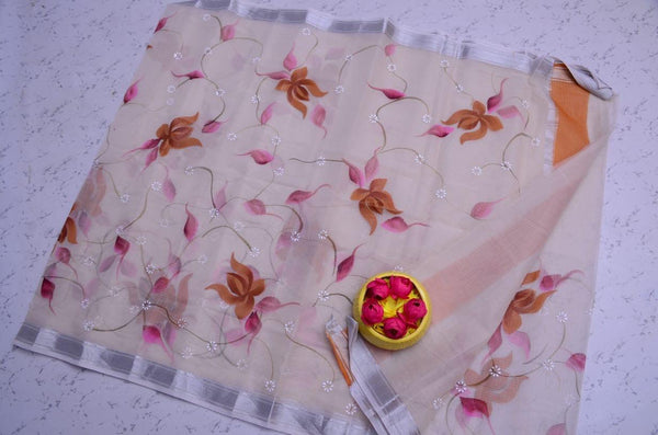 Kota Doria Floral Lily Handpainted saree (Pastel Beige) - KHOJ.CITY