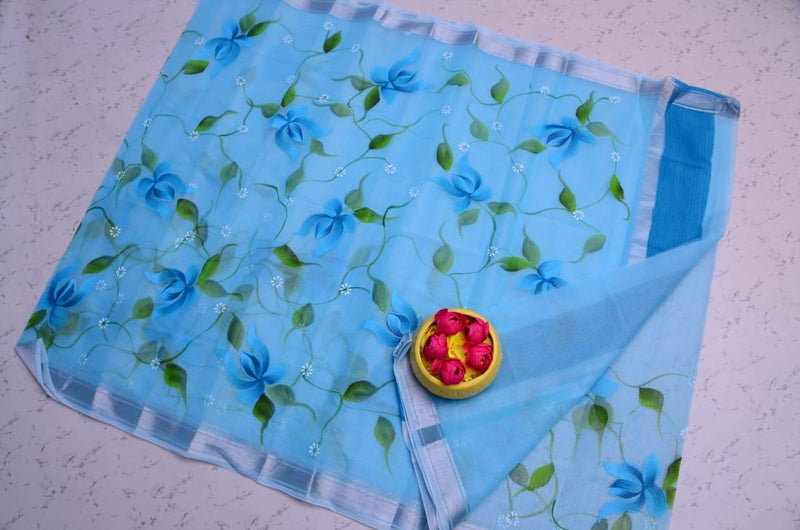 Kota Doria Floral Lily Handpainted saree (Pastel Blue) - KHOJ.CITY