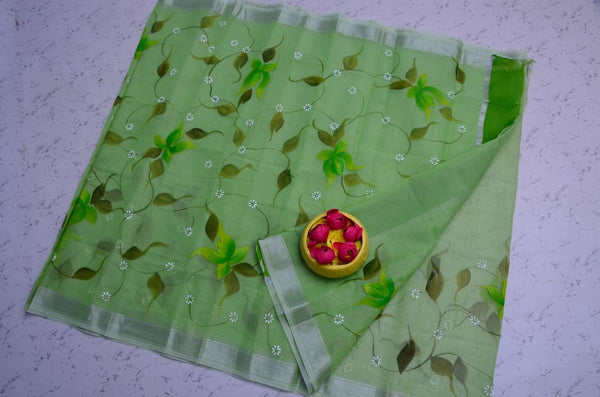 Kota Doria Floral Lily Handpainted saree (Pastel green) - KHOJ.CITY