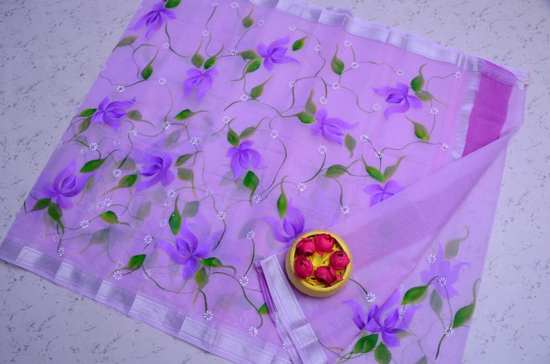 Kota Doria Floral Lily Handpainted saree (Pastel Purple) - KHOJ.CITY