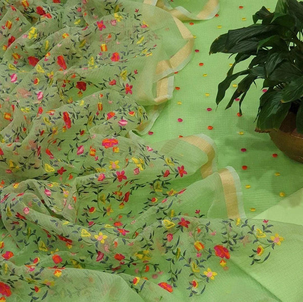 Kota Doria Full floral embroidered Suit Fabric (Green Polka) - KHOJ.CITY