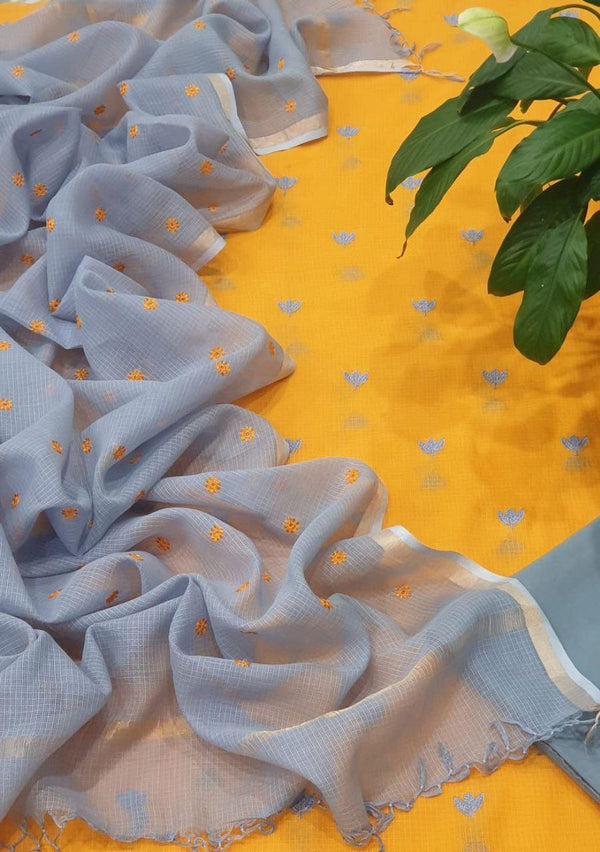 Kota Doria Full floral embroidered Suit Fabric (Grey Yellow) - KHOJ.CITY