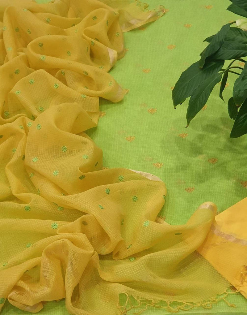 Kota Doria Full floral embroidered Suit Fabric (Mustard Green) - KHOJ.CITY