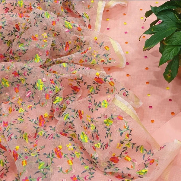 Kota Doria Full floral embroidered Suit Fabric (Peach Polka) - KHOJ.CITY