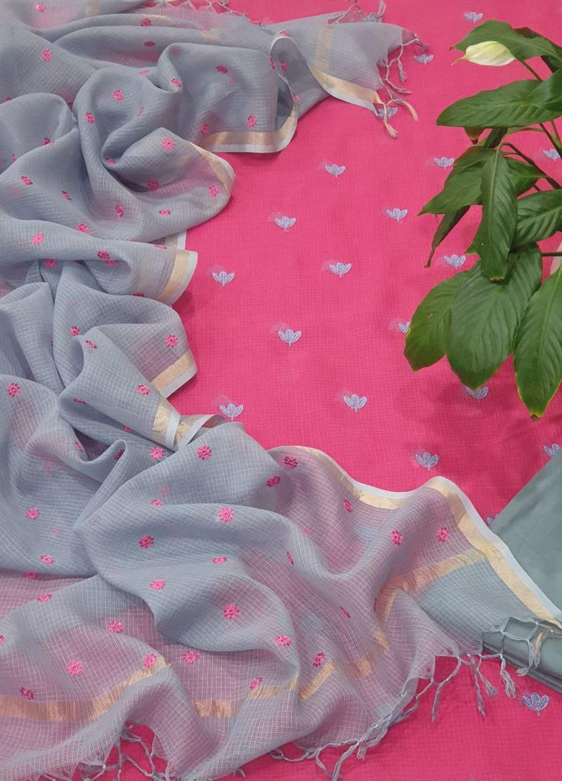 Kota Doria Full floral embroidered Suit Fabric (Pink) - KHOJ.CITY