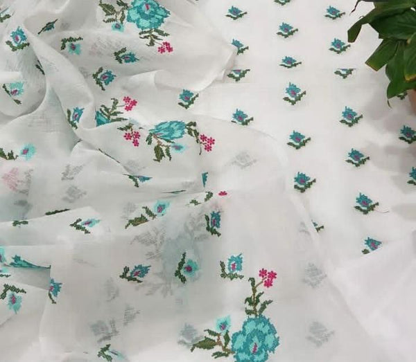 Kota Doria Full floral embroidered Suit Fabric (Teal White) - KHOJ.CITY