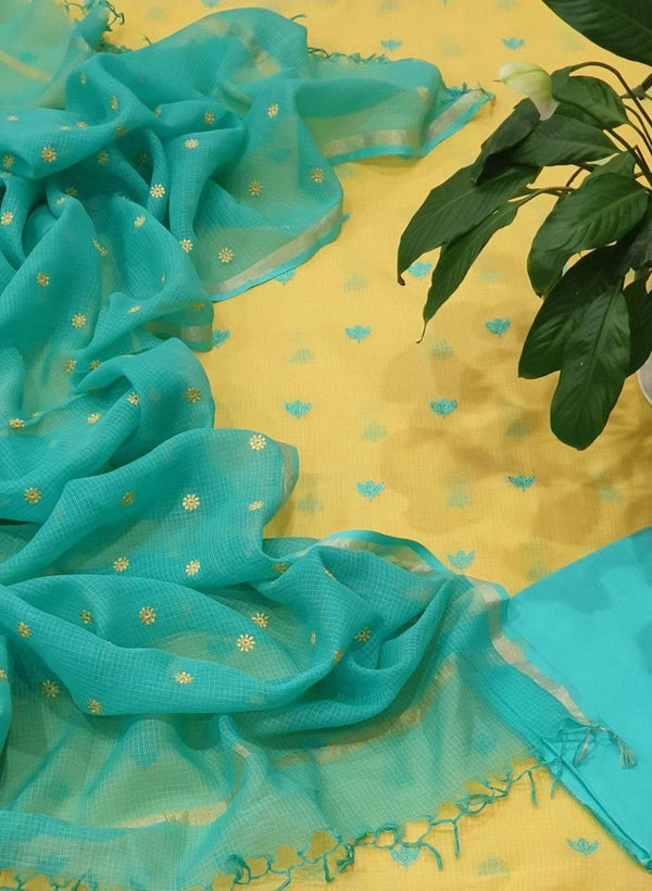 Kota Doria Full floral embroidered Suit Fabric (Teal Yellow) - KHOJ.CITY