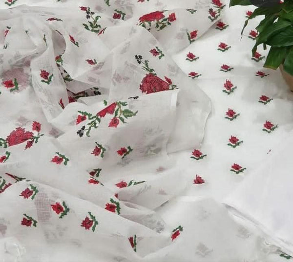 Kota Doria Full floral embroidered Suit Fabric (White Fuschia) - KHOJ.CITY