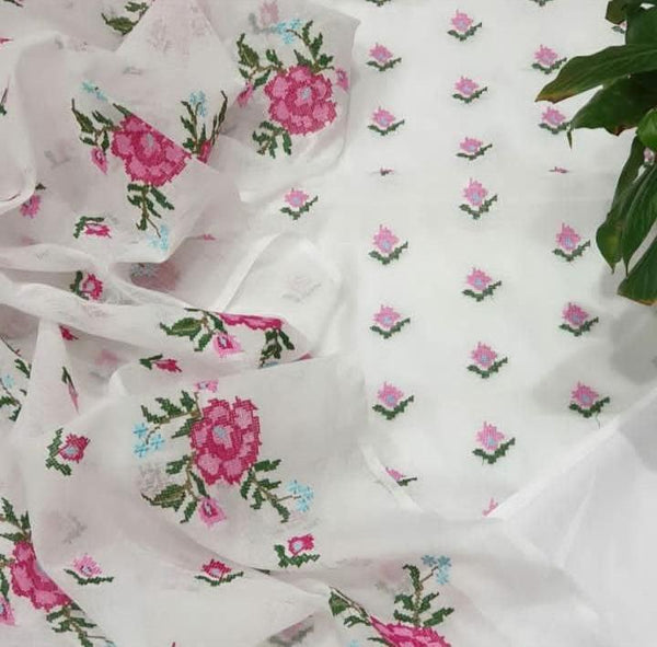 Kota Doria Full floral embroidered Suit Fabric (White Pink) - KHOJ.CITY