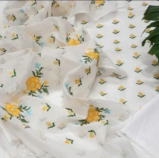 Kota Doria Full floral embroidered Suit Fabric (White yellow) - KHOJ.CITY