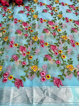 Kota Doria Full Rose Embroidered saree (Blue) - KHOJ.CITY