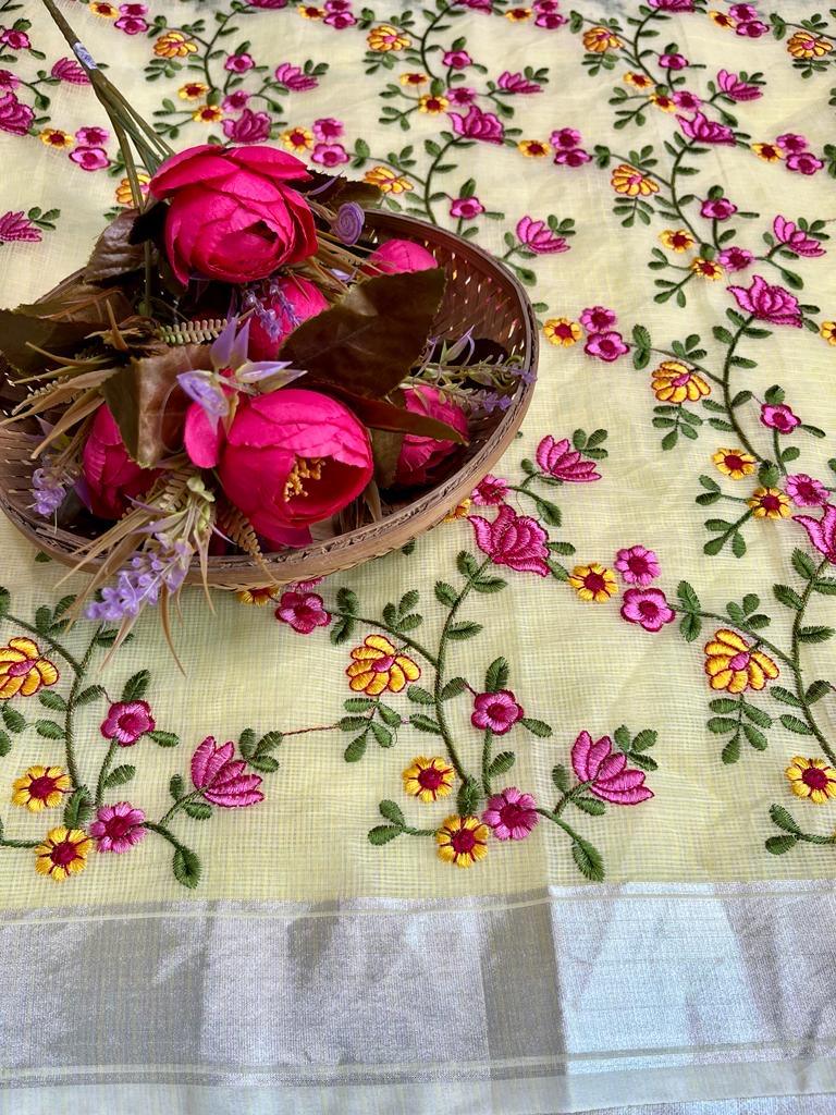 Kota Doria Full Rose Embroidered saree (Light yellow) - KHOJ.CITY