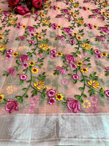 Kota Doria Full Rose Embroidered saree (Peach) - KHOJ.CITY
