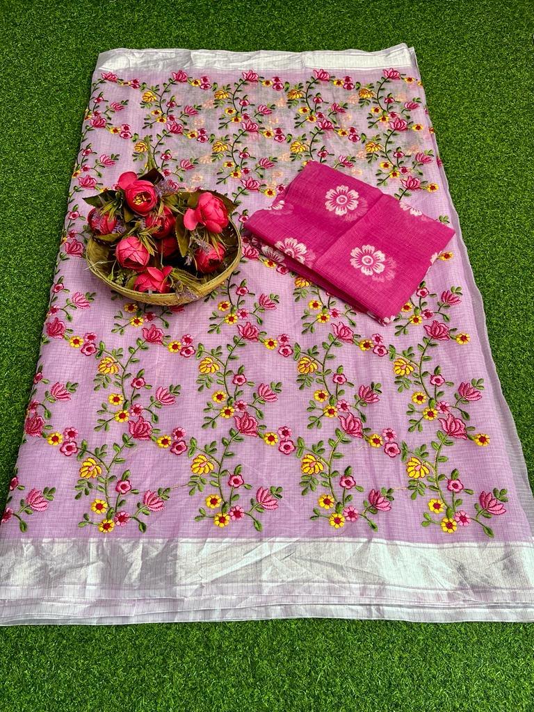 Kota Doria Full Rose Embroidered saree (Pink) - KHOJ.CITY