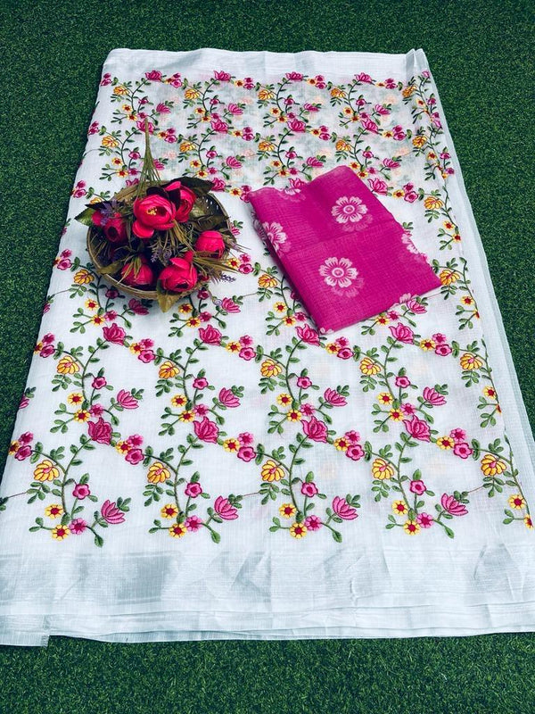 Kota Doria Full Rose Embroidered saree (White) - KHOJ.CITY