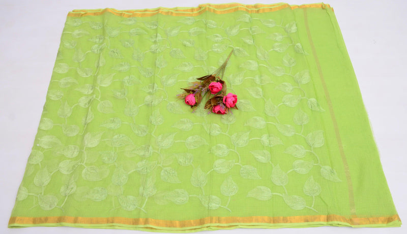 Kota Doria Green Embroidered Saree (Pure Cotton) Code- 018 - KHOJ.CITY