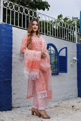 Kota Doria Hand block print Unstitched Suit Fabric (Coral Orange) - KHOJ.CITY