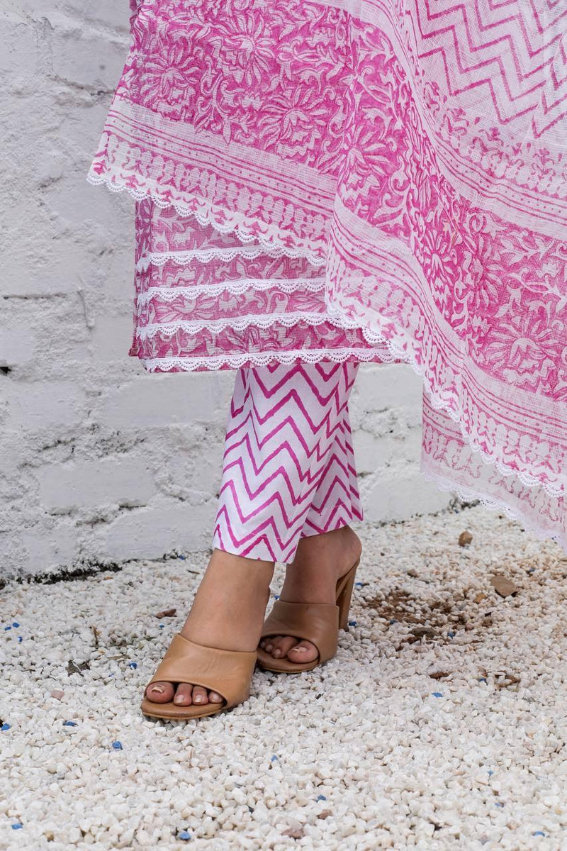 Kota Doria Hand block print Unstitched Suit Fabric (Pink) - KHOJ.CITY