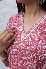 Kota Doria Hand block print Unstitched Suit Fabric (Red) - KHOJ.CITY