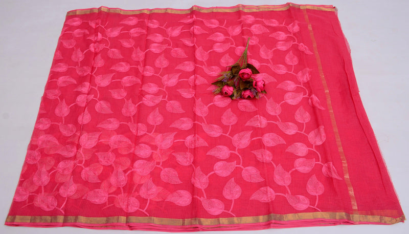 Kota Doria Pink Embroidered Saree (Pure Cotton) Code- 021 - KHOJ.CITY