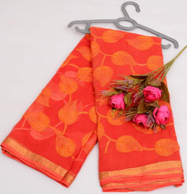 Kota Doria Red Orange Embroidered Saree (Pure Cotton) Code- 023 - KHOJ.CITY