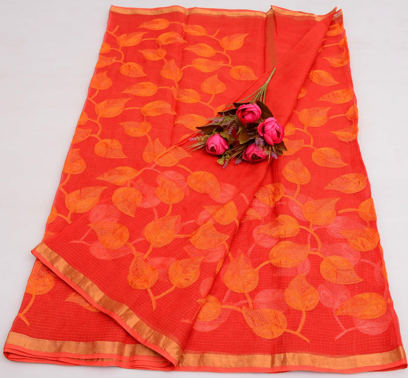 Kota Doria Red Orange Embroidered Saree (Pure Cotton) Code- 023 - KHOJ.CITY