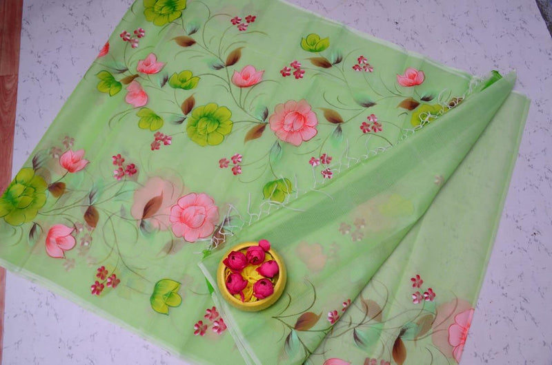 Kota Doria Rosy Handpainted saree (Pastel green) - KHOJ.CITY