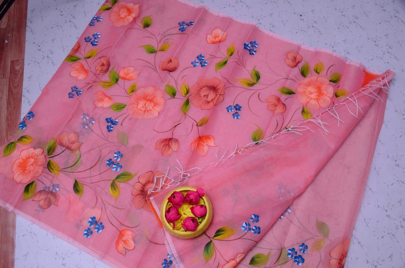 Kota Doria Rosy Handpainted saree (Peach) - KHOJ.CITY