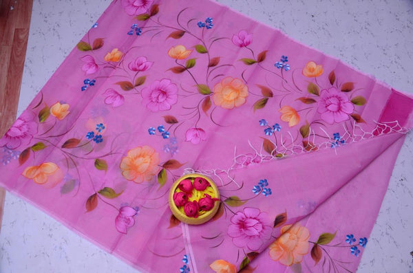 Kota Doria Rosy Handpainted saree (Pink) - KHOJ.CITY