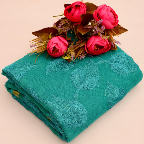 Kota Doria Teal Green Embroidered Saree (Pure Cotton) Code- 022 - KHOJ.CITY