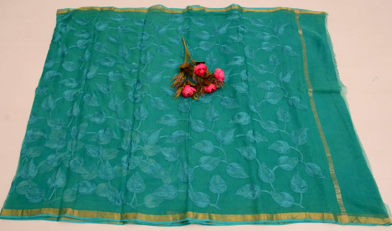 Kota Doria Teal Green Embroidered Saree (Pure Cotton) Code- 022 - KHOJ.CITY