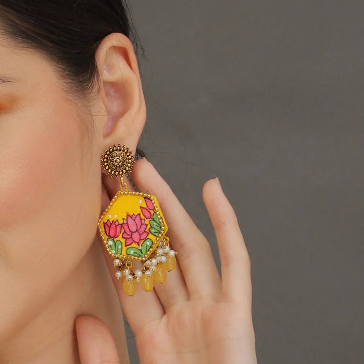Lily Yellow Hand Painted Drop (Earrings) HP - ER - 053 - KHOJ.CITY