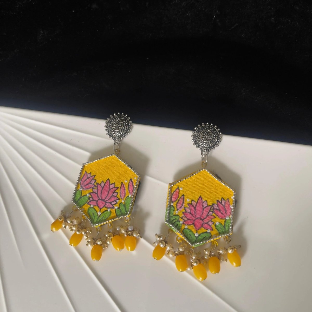 Lily Yellow Hand Painted Drop (Earrings) HP - ER - 053 - KHOJ.CITY