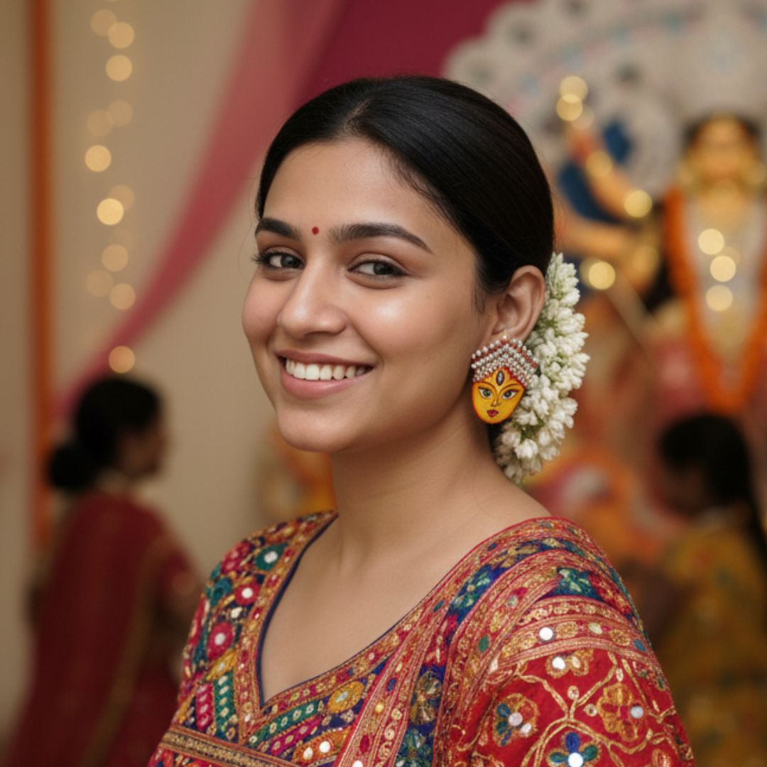 Maa Durga Traditional Multi Color Hand Painted Drop (Earrings) HP - ER - KHOJ.CITY