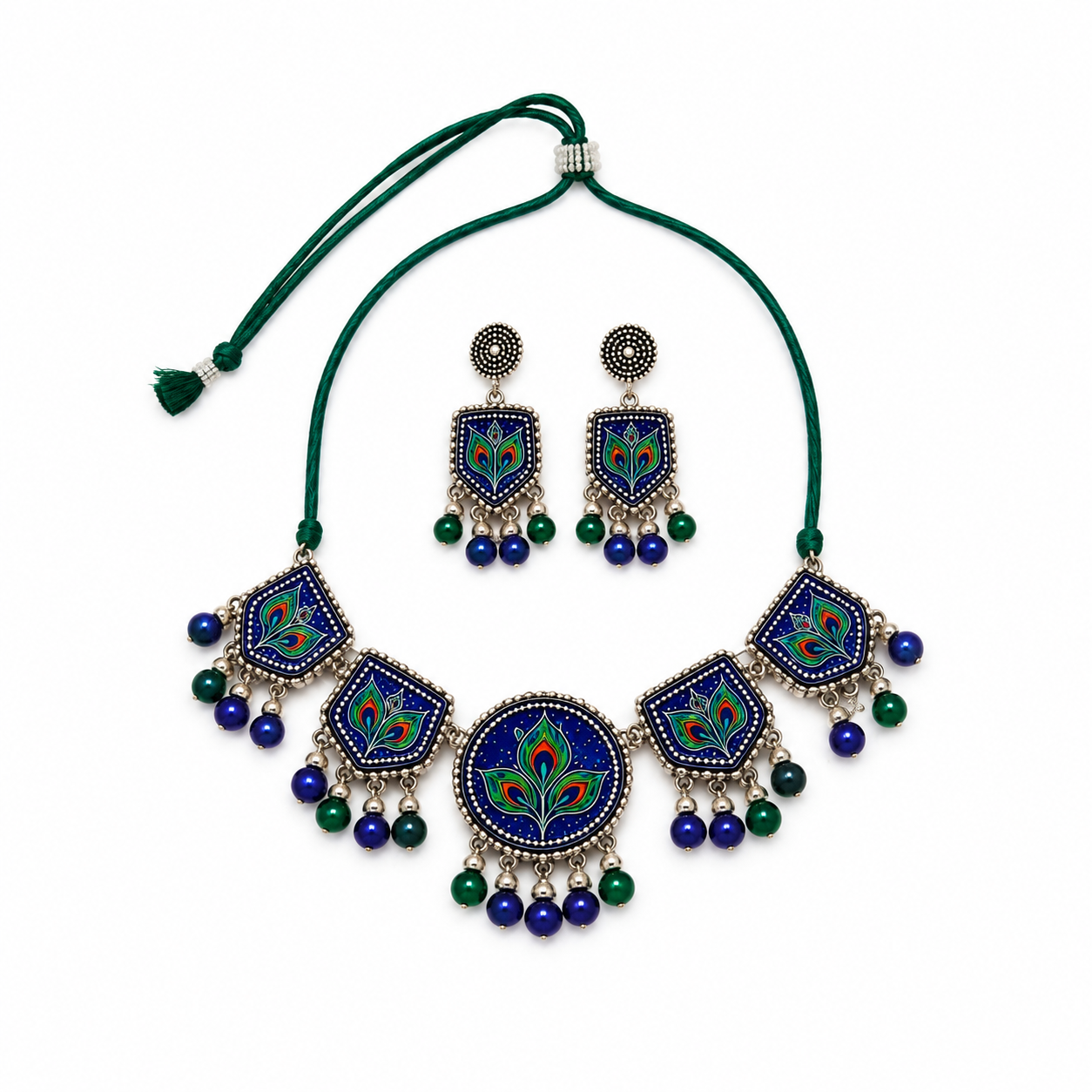 Mor Pankh Neel Handpainted Choker Set with matching earrings flatlay
