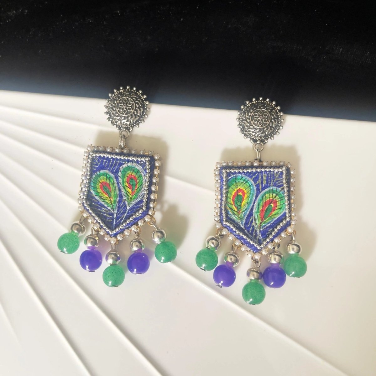 Mor Traditional Multi Color Hand Painted Drop (Earrings) HP - ER - 137 - KHOJ.CITY