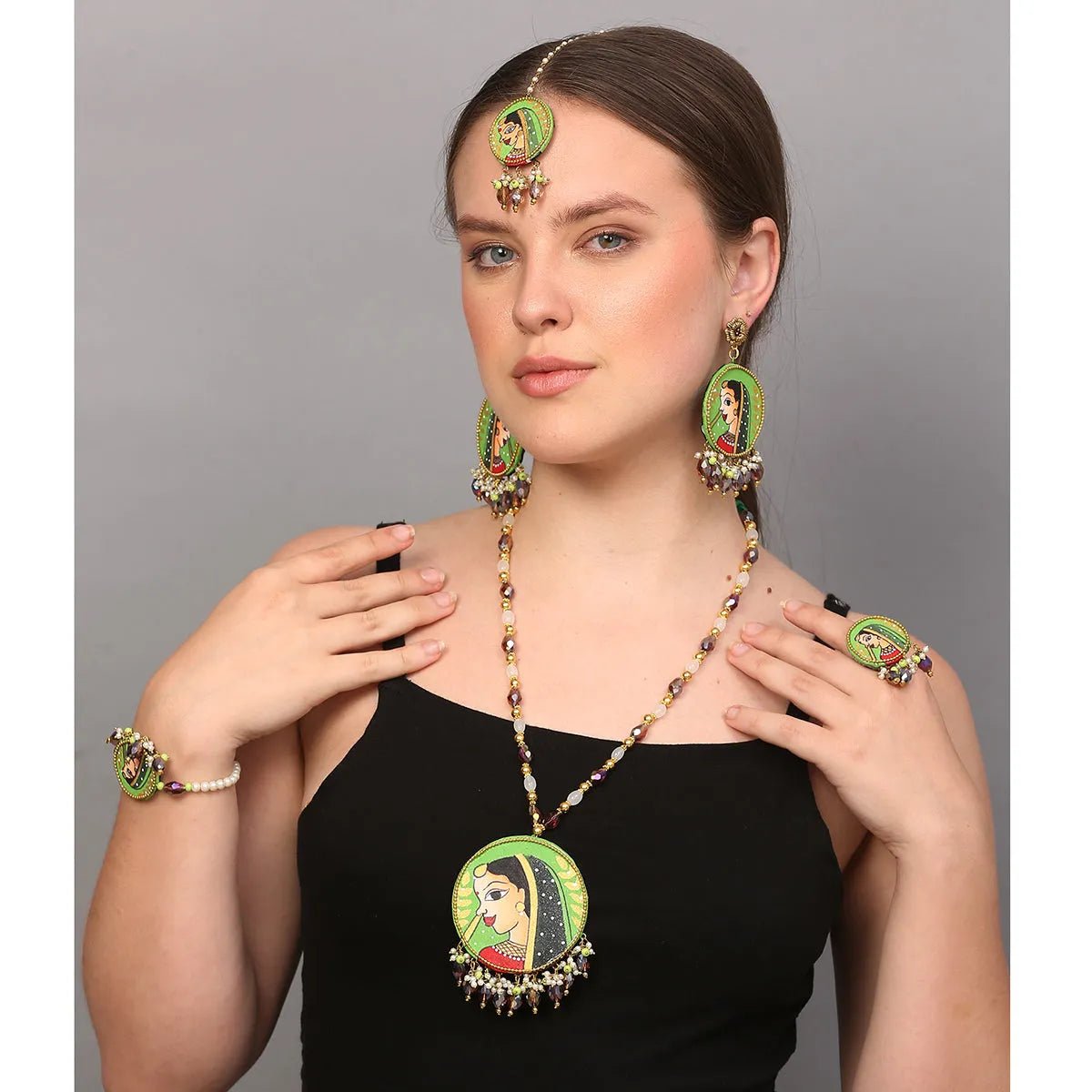 Nayana Green Classic Multi Color Hand Painted Bridal jewelry (Shaadi Set) - KHOJ.CITY