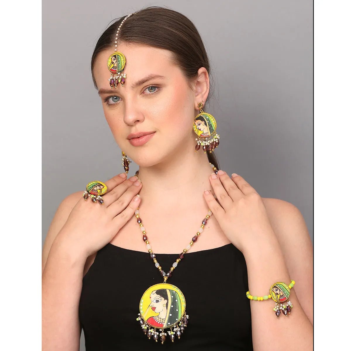 Nayana Haldi Classic Multi Color Hand Painted Bridal jewelry (Shaadi Set) - 022 - KHOJ.CITY