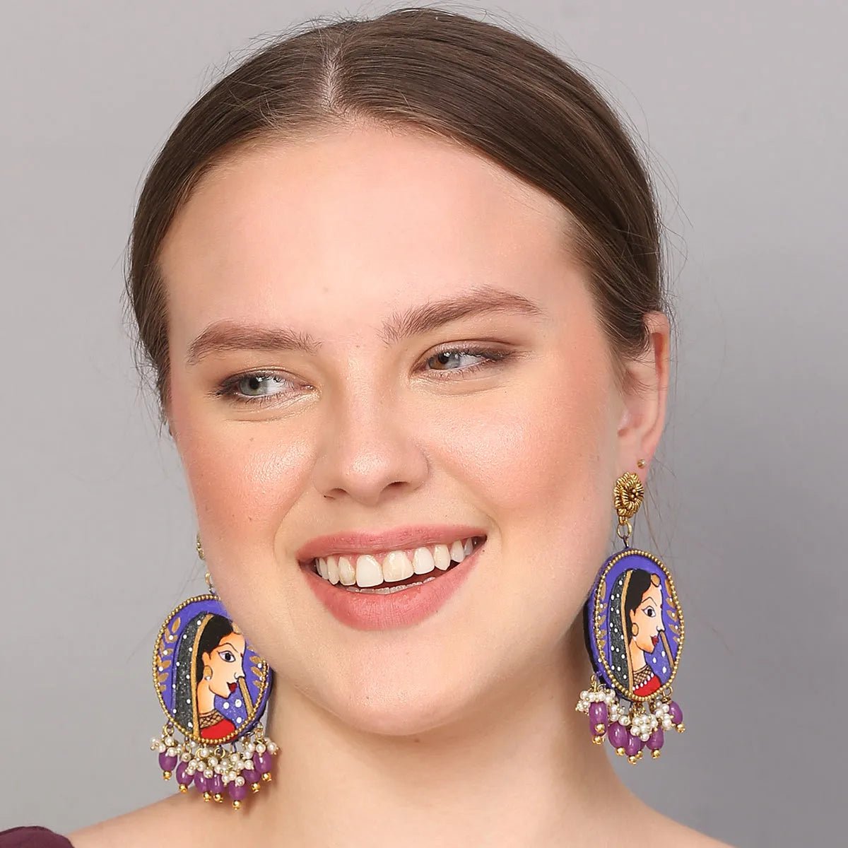 Nayana Traditional Purple Hand Painted Drop (Earrings) HP - ER - 148 - KHOJ.CITY